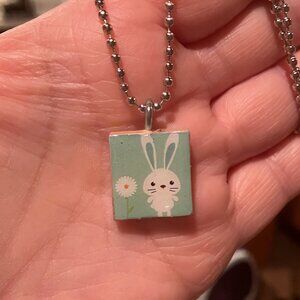 (2/$12, 4/$20)  Blue Easter Bunny With Daisy Scrabble Necklace